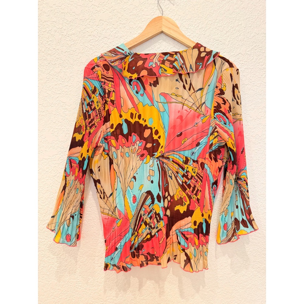 Nicola Women Butterfly‎ Print Plisse Pleated Blouse Pink Blue Y2K Bell Sleeve L - Picture 7 of 12